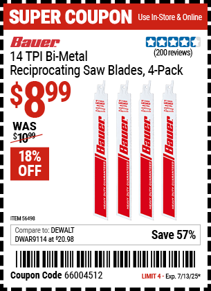 Buy the BAUER 14 TPI Bi-Metal Reciprocating Saw Blades, 4-Pack (Item 56498) for $8.99, valid through 7/13/2025.