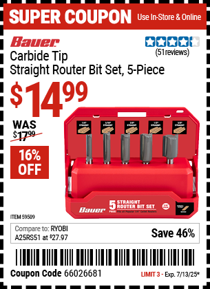 Buy the BAUER Carbide Tip Straight Router Bit Set, 5-Piece (Item 59509) for $14.99, valid through 7/13/2025.