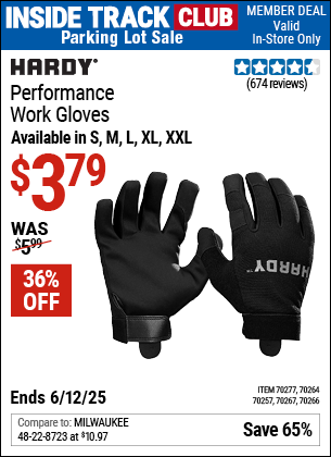 Inside Track Club members can Buy the HARDY Performance Work Gloves (Item 70267/70264/70266/70257/70277) for $3.79, valid through 6/12/2025.