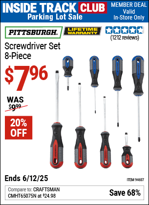 Inside Track Club members can Buy the PITTSBURGH Screwdriver Set, 8-Piece (Item 94607) for $7.96, valid through 6/12/2025.
