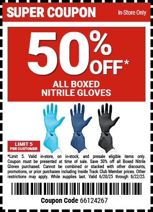 SAVE 50% off All Boxed Nitrile Gloves , valid through 6/22/2025.
