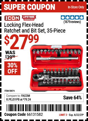 Buy the ICON Locking Flex-Head Ratchet and Bit Set, 35-Piece (Item 58074) for $27.99, valid through 6/22/2025.
