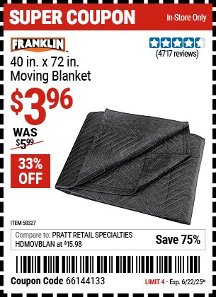 Buy the FRANKLIN 40 in. x 72 in. Moving Blanket (Item 58327) for $3.96, valid through 6/22/2025.