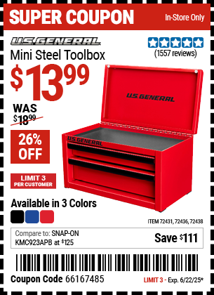 Buy the U.S. GENERAL Mini Steel Toolbox (Item 72431/72436/72438) for $13.99, valid through 6/22/2025.