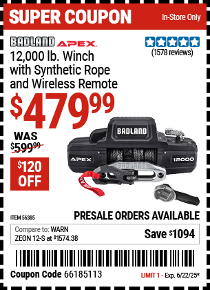 Buy the BADLAND APEX 12,000 lb. Winch with Synthetic Rope and Wireless Remote (Item 56385) for $479.99, valid through 6/22/2025.