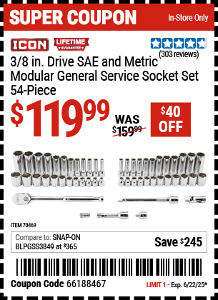 Buy the ICON 3/8 in. Drive SAE and Metric Modular General Service Socket Set, 54-Piece (Item 70469) for $119.99, valid through 6/22/2025.