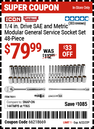 Buy the ICON 1/4 in. Drive SAE and Metric Modular General Service Socket Set, 48-Piece (Item 70311) for $79.99, valid through 6/22/2025.