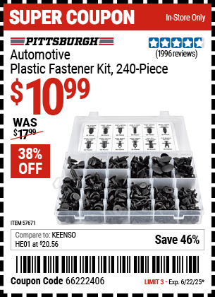 Buy the PITTSBURGH Automotive Plastic Fastener Kit, 240-Piece (Item 57671) for $10.99, valid through 6/22/2025.