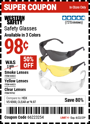 Buy the WESTERN SAFETY Safety Glasses (Item 66822/66823/99762) for $0.98, valid through 6/22/2025.