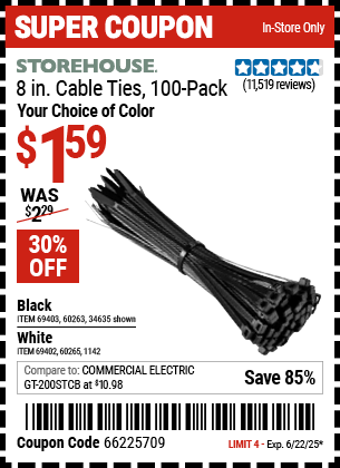 Buy the STOREHOUSE 8 in. Cable Ties, 100-Pack (Item 1142/69402/60265/34635/69403/60263) for $1.59, valid through 6/22/2025.