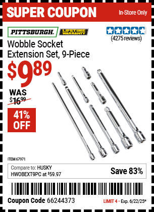 Buy the PITTSBURGH Wobble Socket Extension Set, 9-Piece (Item 67971) for $9.89, valid through 6/22/2025.