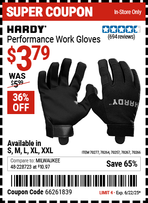 Buy the HARDY Performance Work Gloves (Item 70257/70264/70266/70267/70277) for $3.79, valid through 6/22/2025.