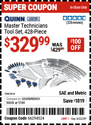 Buy the QUINN Master Technicians Tool Set, 428-Piece (Item 58154) for $329.99, valid through 6/22/2025.