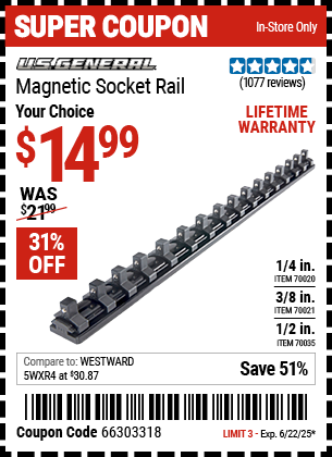 Buy the U.S. GENERAL Magnetic Socket Rail (Item 70020/70021/70035) for $14.99, valid through 6/22/2025.