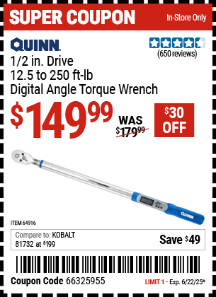Buy the QUINN 1/2 in. Drive, 12.5 to 250 ft-lb Digital Angle Torque Wrench (Item 64916) for $149.99, valid through 6/22/2025.