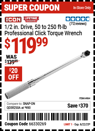Buy the ICON 1/2 in. Drive, 50 to 250 ft-lb Professional Click Torque Wrench (Item 64064) for $119.99, valid through 6/22/2025.