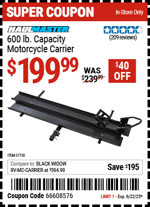 Buy the HAUL-MASTER 600 lb. Capacity Motorcycle Carrier (Item 57720) for $199.99, valid through 6/22/2025.