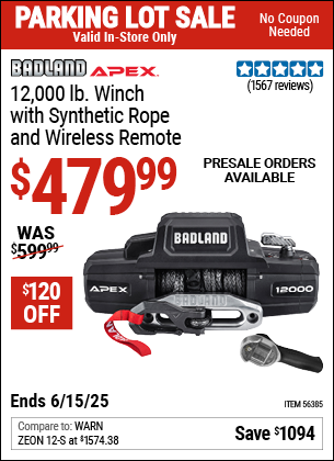 Buy the BADLAND APEX 12,000 lb. Winch with Synthetic Rope and Wireless Remote (Item 56385) for $479.99, valid through 6/15/2025.