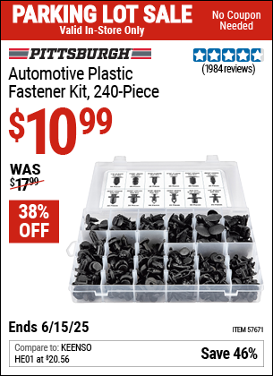 Buy the PITTSBURGH Automotive Plastic Fastener Kit, 240-Piece (Item 57671) for $10.99, valid through 6/15/2025.