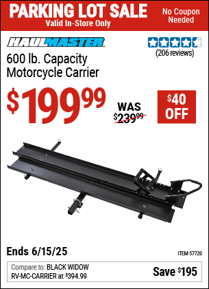 Buy the HAUL-MASTER 600 lb. Capacity Motorcycle Carrier (Item 57720) for $199.99, valid through 6/15/2025.