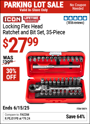 Buy the ICON Locking Flex-Head Ratchet and Bit Set, 35-Piece (Item 58074) for $27.99, valid through 6/15/2025.