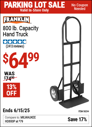 Buy the FRANKLIN 800 lb. Capacity Hand Truck (Item 58294) for $64.99, valid through 6/15/2025.