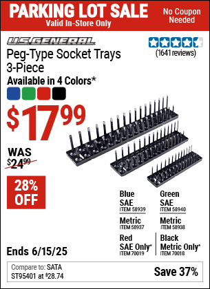 Buy the U.S. GENERAL Peg-Type Socket Tray, 3-Piece (Item 58937/58938/58939/58940/70018/70019) for $17.99, valid through 6/15/2025.