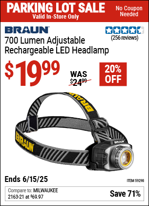 Buy the BRAUN 700 Lumen Adjustable Rechargeable LED Headlamp (Item 59298) for $19.99, valid through 6/15/2025.