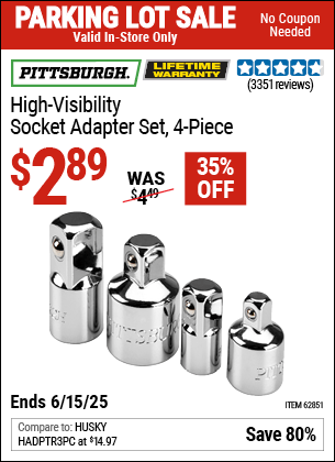 Buy the PITTSBURGH High-Visibility Socket Adapter Set, 4-Piece (Item 62851) for $2.89, valid through 6/15/2025.