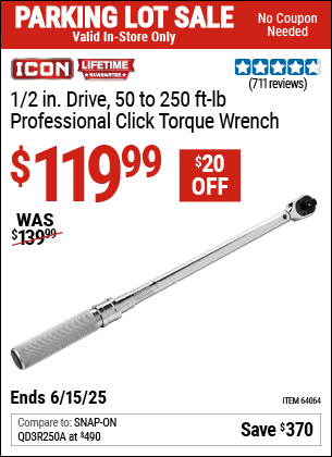 Buy the ICON 1/2 in. Drive, 50 to 250 ft-lb Professional Click Torque Wrench (Item 64064) for $119.99, valid through 6/15/2025.