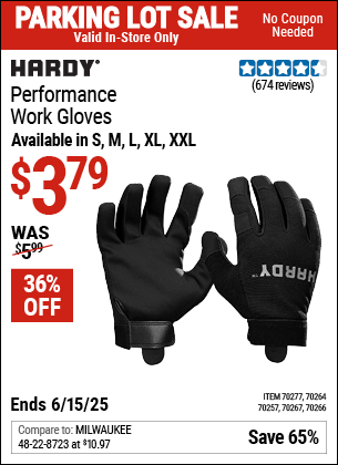 Buy the HARDY Performance Work Gloves (Item 70267/70264/70266/70257/70277) for $3.79, valid through 6/15/2025.