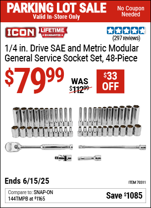 Buy the ICON 1/4 in. Drive SAE and Metric Modular General Service Socket Set, 48-Piece (Item 70311) for $79.99, valid through 6/15/2025.