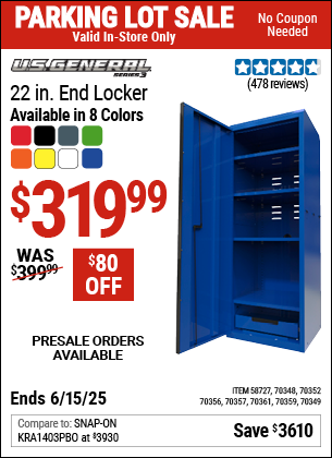 Buy the U.S. GENERAL 22 in. End Locker, Series 3 (Item 70349/70348/58727/70352/70356/70357/70359/70361) for $319.99, valid through 6/15/2025.
