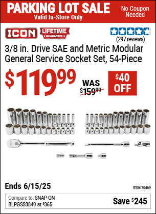 Buy the ICON 3/8 in. Drive SAE and Metric Modular General Service Socket Set, 54-Piece (Item 70469) for $119.99, valid through 6/15/2025.