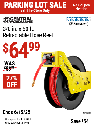 Buy the CENTRAL PNEUMATIC 3/8 in. x 50 ft. Retractable Hose Reel (Item 93897) for $64.99, valid through 6/15/2025.