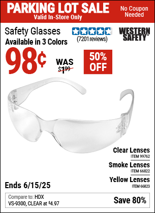Buy the WESTERN SAFETY Safety Glasses (Item 99762/66823/66822) for $0.98, valid through 6/15/2025.