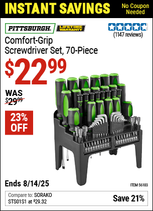 Buy the PITTSBURGH Comfort-Grip Screwdriver Set, 70-Piece (Item 56103) for $22.99, valid through 8/14/2025.