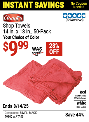 Buy the Shop Towels, 14 in. x 13 in., 50-Pack (Item 56325/63365/63360) for $9.99, valid through 8/14/2025.