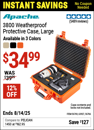 Buy the APACHE 3800 Weatherproof Protective Case, Large (Item 56766/56769/63927) for $34.99, valid through 8/14/2025.