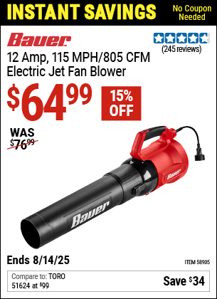 Buy the BAUER 12 Amp, 115 MPH/805 CFM Electric Jet Fan Blower (Item 58905) for $64.99, valid through 8/14/2025.
