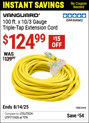 Buy the VANGUARD 100 ft. x 10/3 Gauge Triple-Tap Extension Cord, Yellow (Item 62918) for $124.99, valid through 8/14/2025.