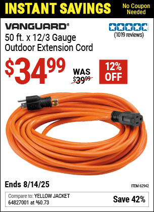 Buy the VANGUARD 50 ft. x 12/3 Gauge Outdoor Extension Cord, Orange (Item 62942) for $34.99, valid through 8/14/2025.