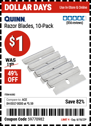 Buy the QUINN Razor Blades, 10-Pack (Item 66382) for $1, valid through 6/18/2025.