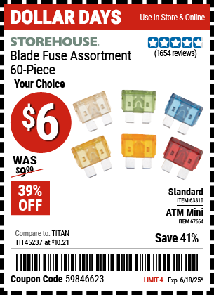 Buy the STOREHOUSE Blade Fuse Assortment, 60-Piece (Item 63310/67664) for $6, valid through 6/18/2025.