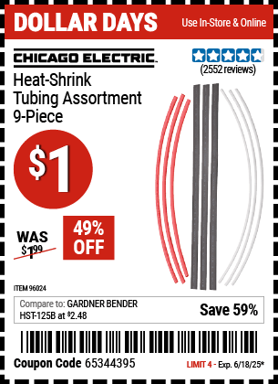 Buy the CHICAGO ELECTRIC Heat-Shrink Tubing Assortment, 9-Piece (Item 96024) for $1, valid through 6/18/2025.