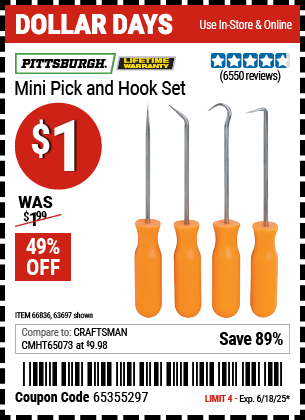 Buy the PITTSBURGH Mini Pick and Hook Set (Item 63697/66836) for $1, valid through 6/18/2025.
