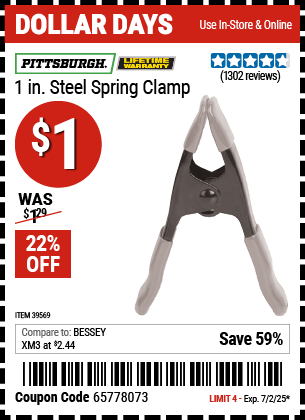 Buy the PITTSBURGH 1 in. Steel Spring Clamp (Item 39569) for $1, valid through 7/2/2025.