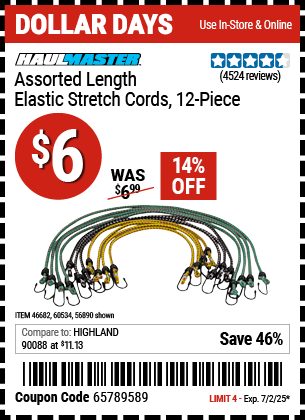 Buy the HAUL-MASTER Assorted Length Elastic Stretch Cords, 12-Piece (Item 56890/46682/60534) for $6, valid through 7/2/2025.