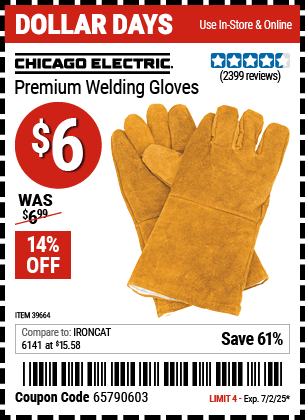 Buy the CHICAGO ELECTRIC Premium Welding Gloves (Item 39664) for $6, valid through 7/2/2025.