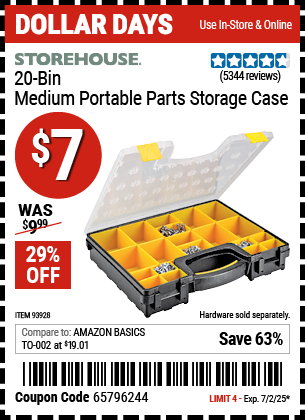 Buy the STOREHOUSE 20-Bin Medium Portable Parts Storage Case (Item 93928) for $7, valid through 7/2/2025.